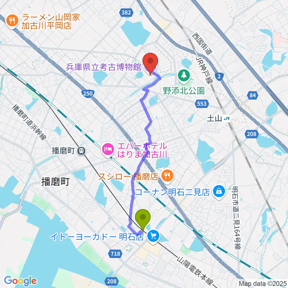 西二見駅から兵庫県立考古博物館へのルートマップ地図