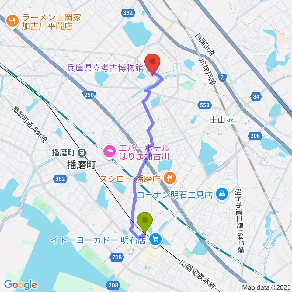 西二見駅から兵庫県立考古博物館へのルートマップ地図