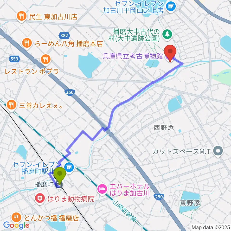 播磨町駅から兵庫県立考古博物館へのルートマップ地図