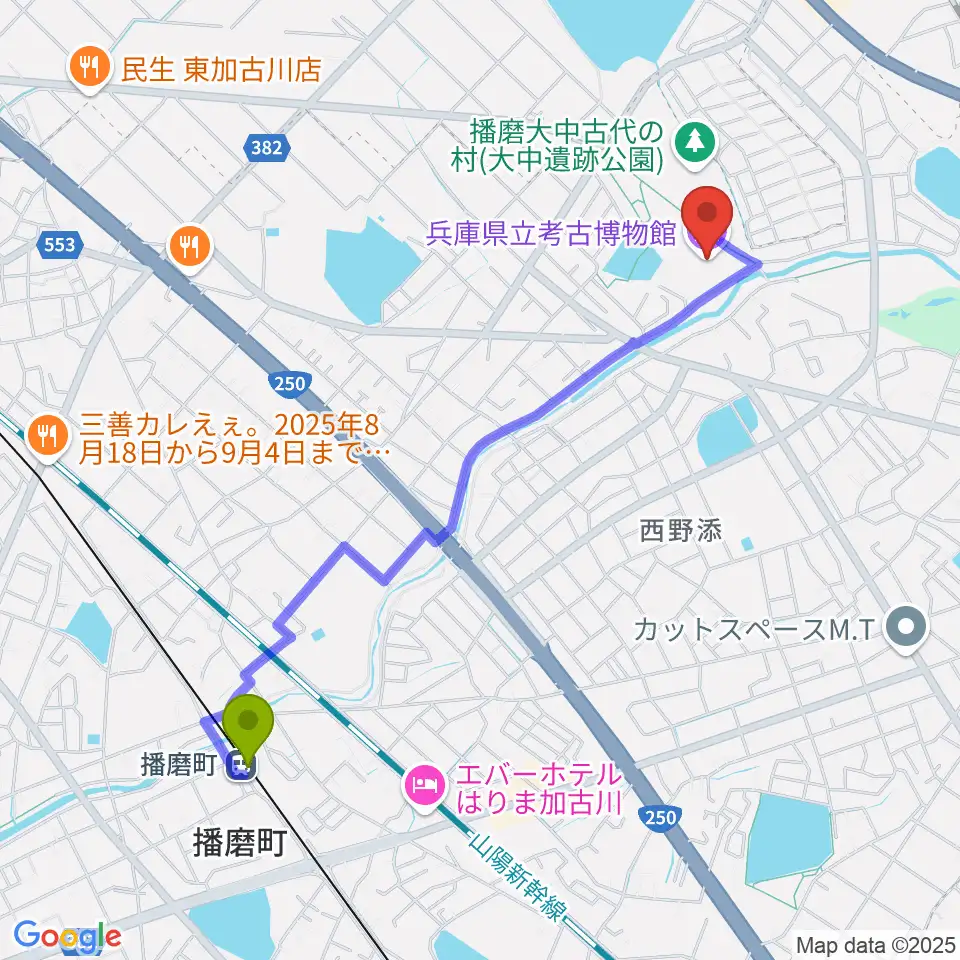播磨町駅から兵庫県立考古博物館へのルートマップ地図
