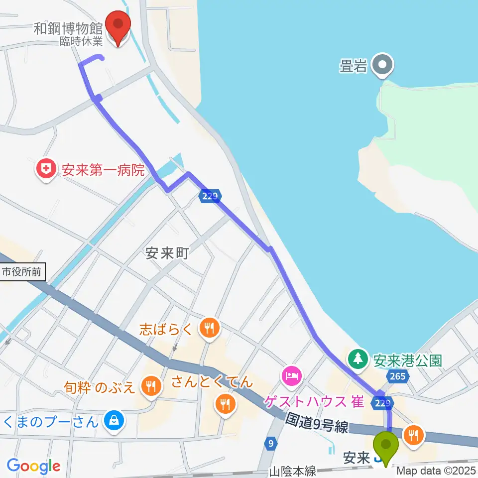 和鋼博物館の最寄駅安来駅からの徒歩ルート（約16分）地図