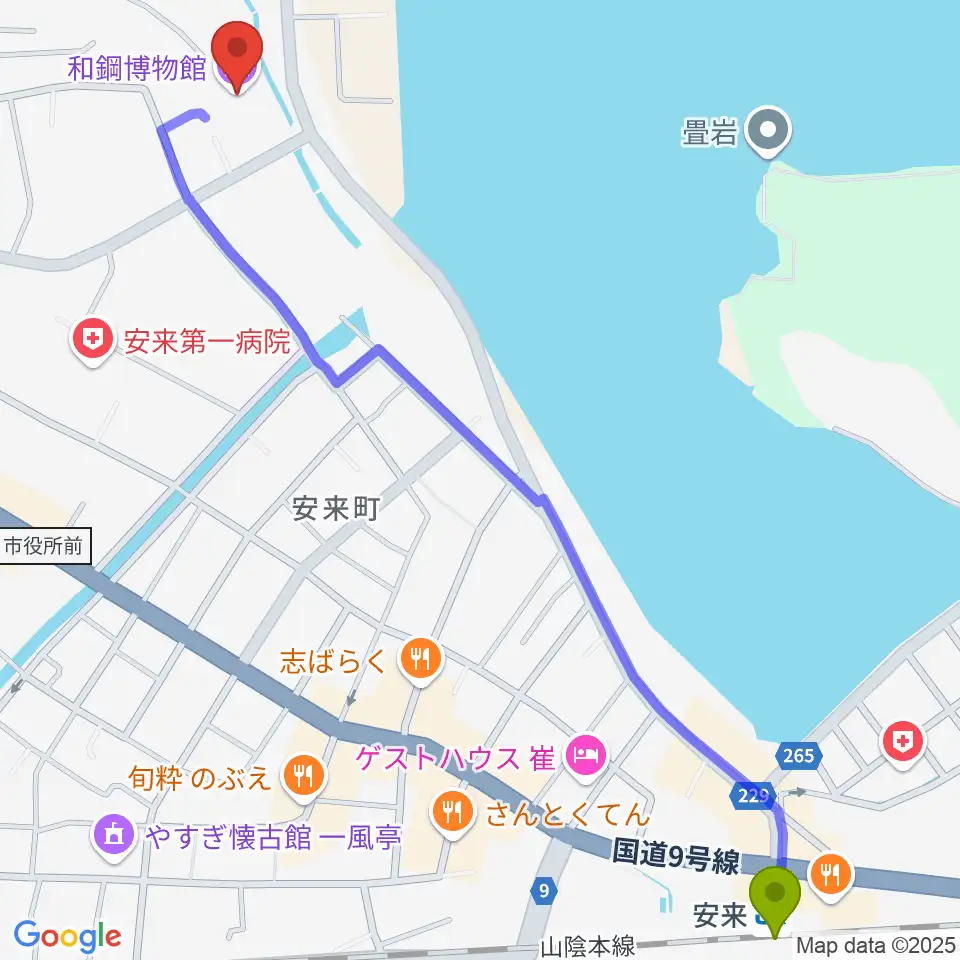 和鋼博物館の最寄駅安来駅からの徒歩ルート（約16分）地図