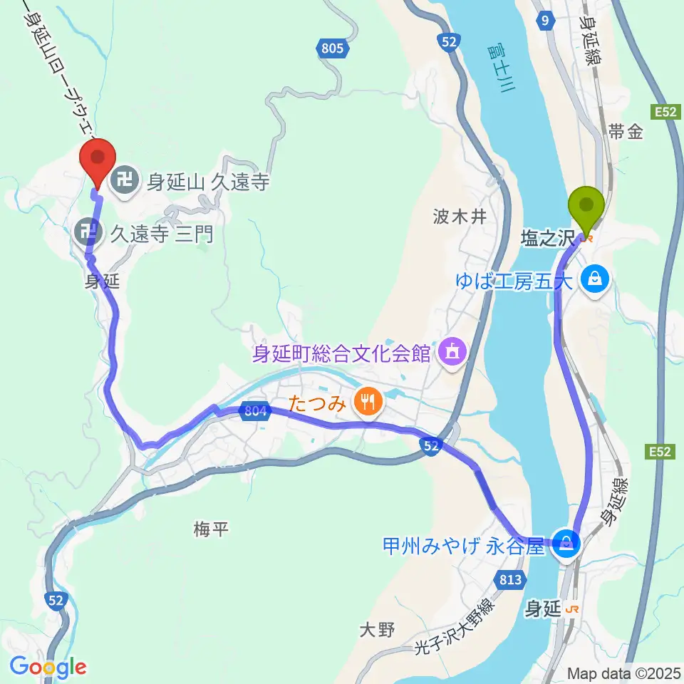 身延山宝物館の最寄駅塩之沢駅からの徒歩ルート（約45分）地図