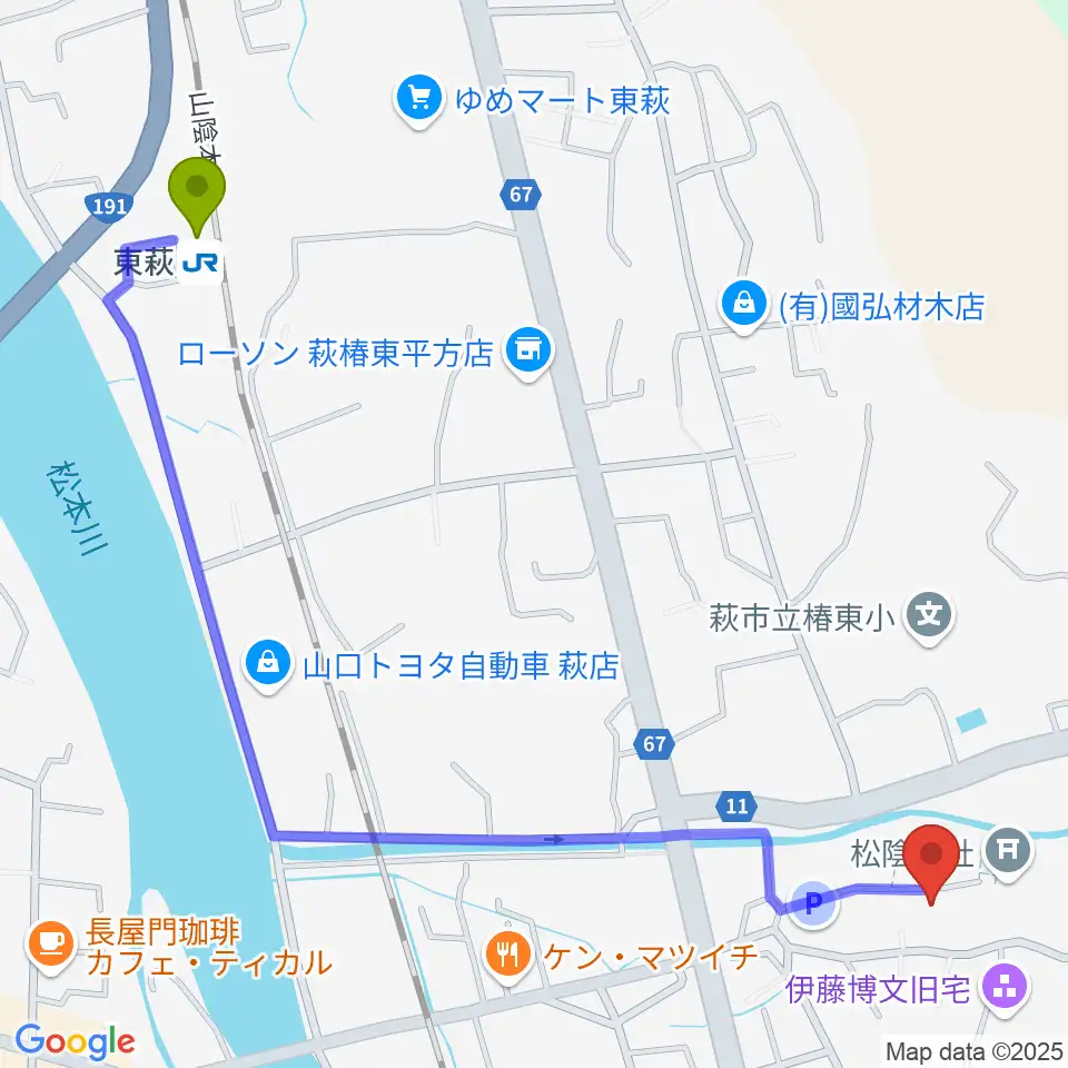 松陰神社宝物殿至誠館の最寄駅東萩駅からの徒歩ルート（約15分）地図