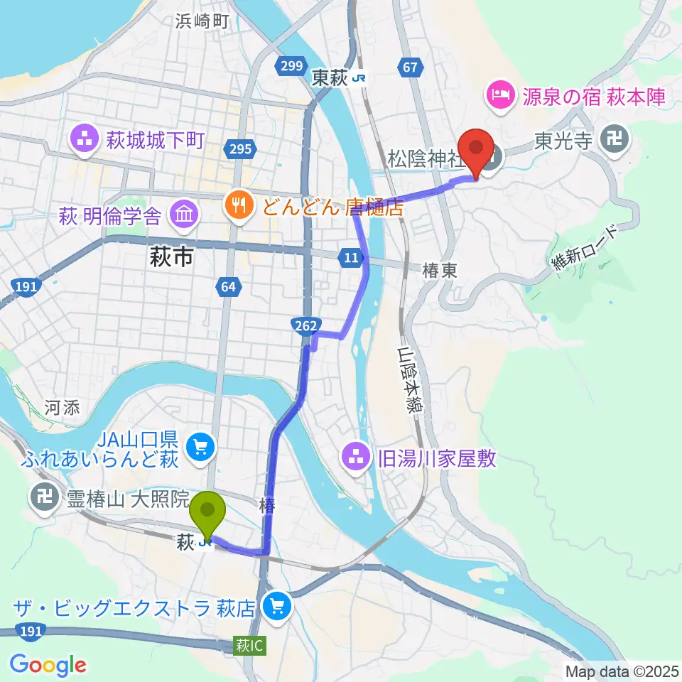 萩駅から松陰神社宝物殿至誠館へのルートマップ地図