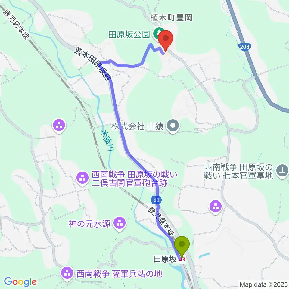 熊本市田原坂西南戦争資料館の最寄駅田原坂駅からの徒歩ルート（約23分）地図