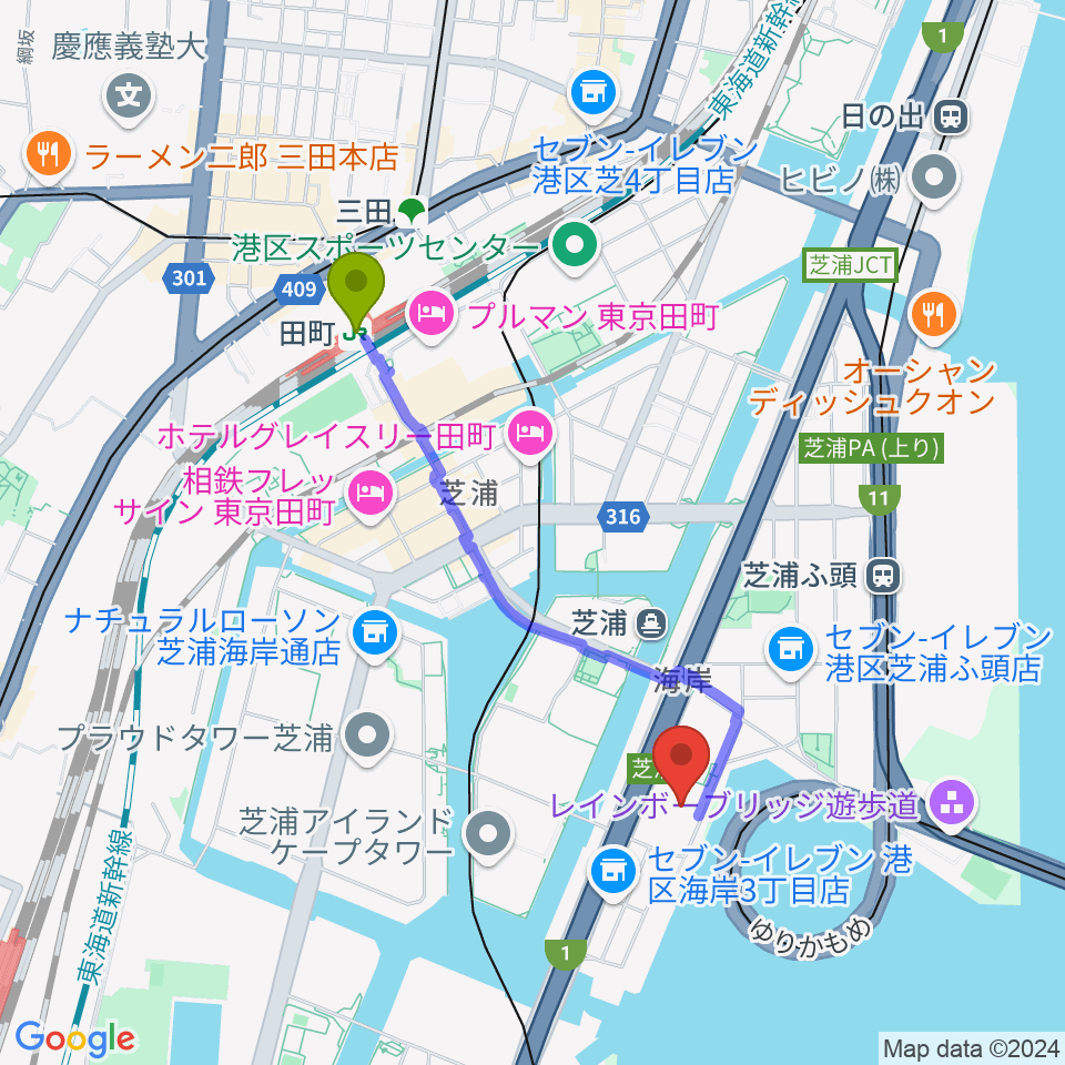 田町駅から芝浦スタジオへのルートマップ地図