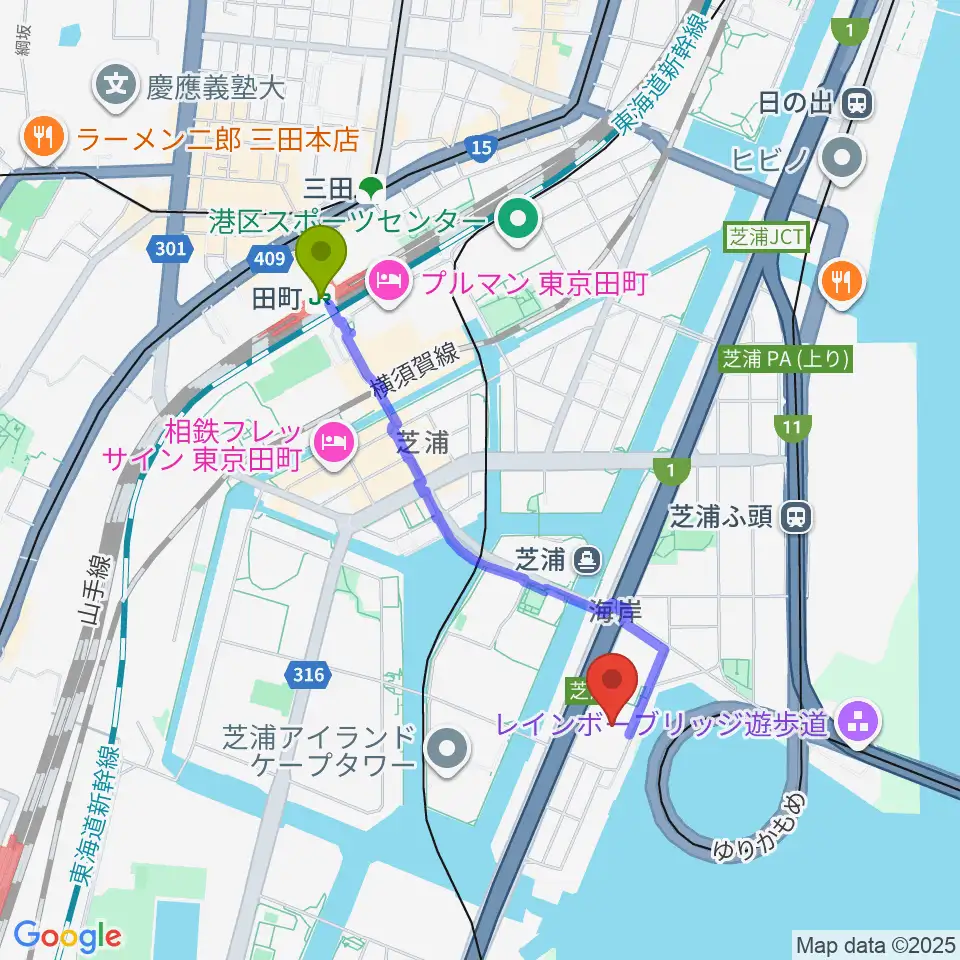 田町駅から芝浦スタジオへのルートマップ地図