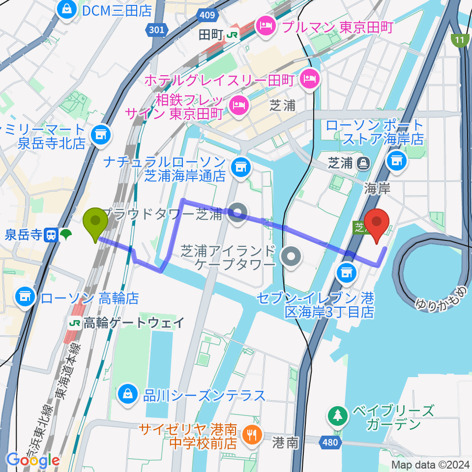 高輪ゲートウェイ駅から芝浦スタジオへのルートマップ地図