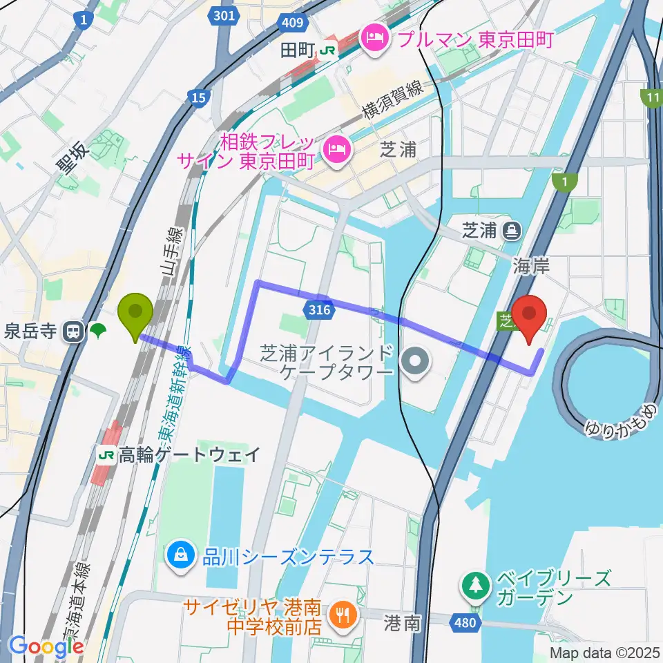 高輪ゲートウェイ駅から芝浦スタジオへのルートマップ地図