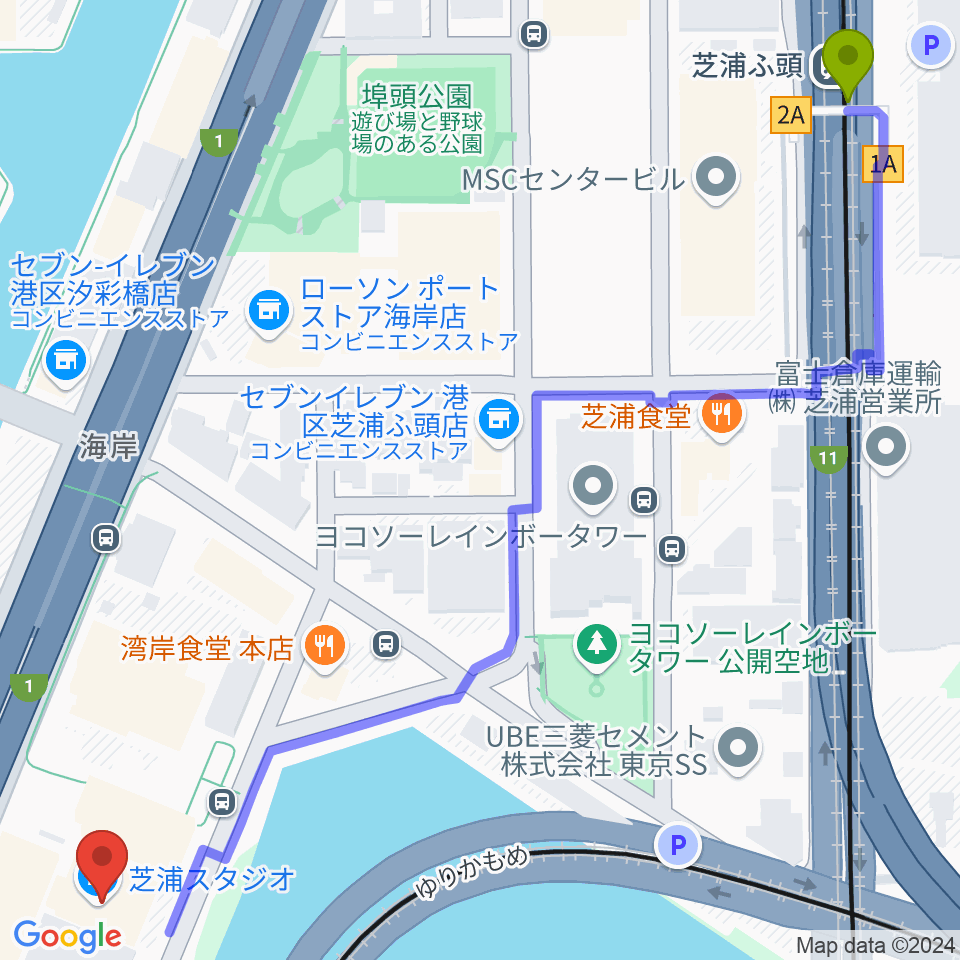 芝浦スタジオの最寄駅芝浦ふ頭駅からの徒歩ルート（約9分）地図