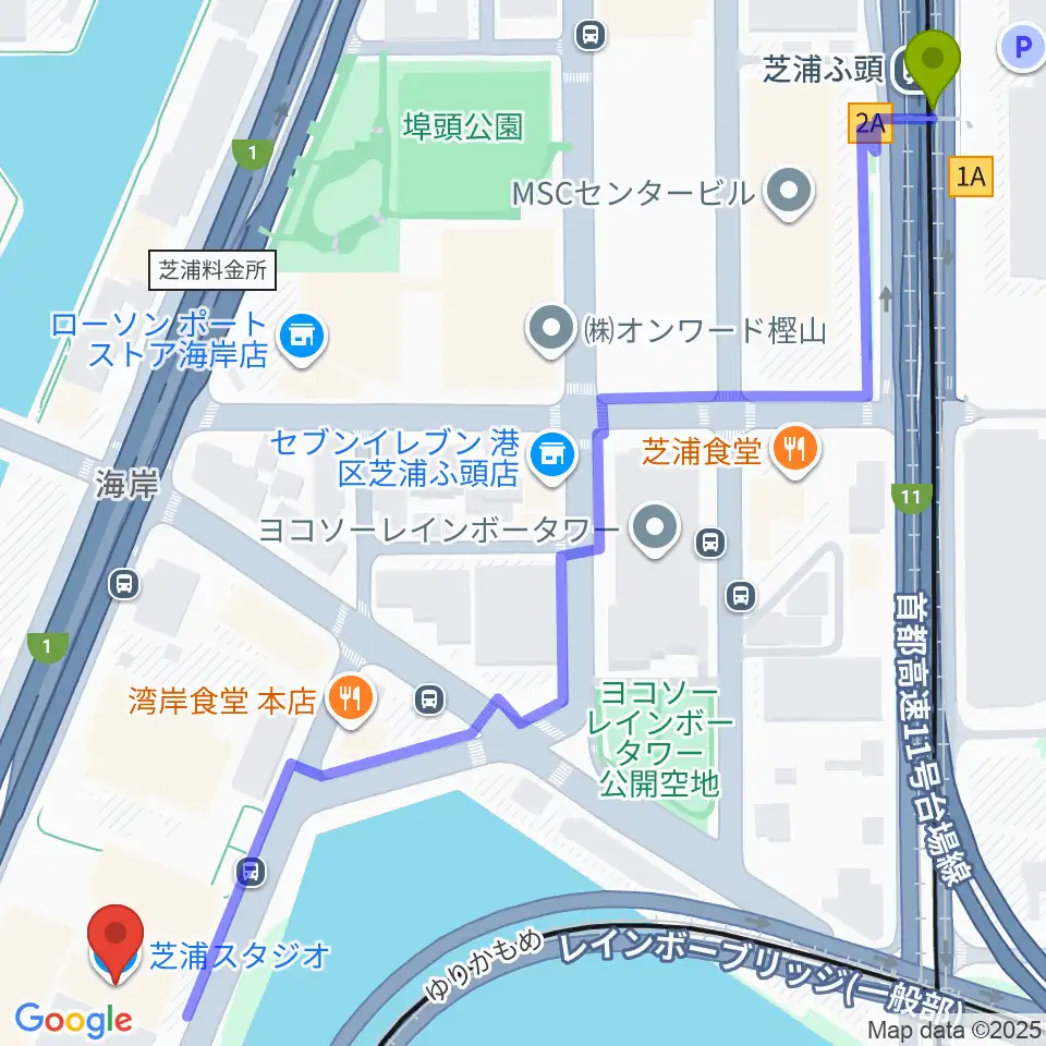 芝浦スタジオの最寄駅芝浦ふ頭駅からの徒歩ルート（約9分）地図