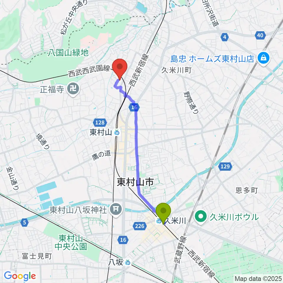 久米川駅から東村山ふるさと歴史館へのルートマップ地図