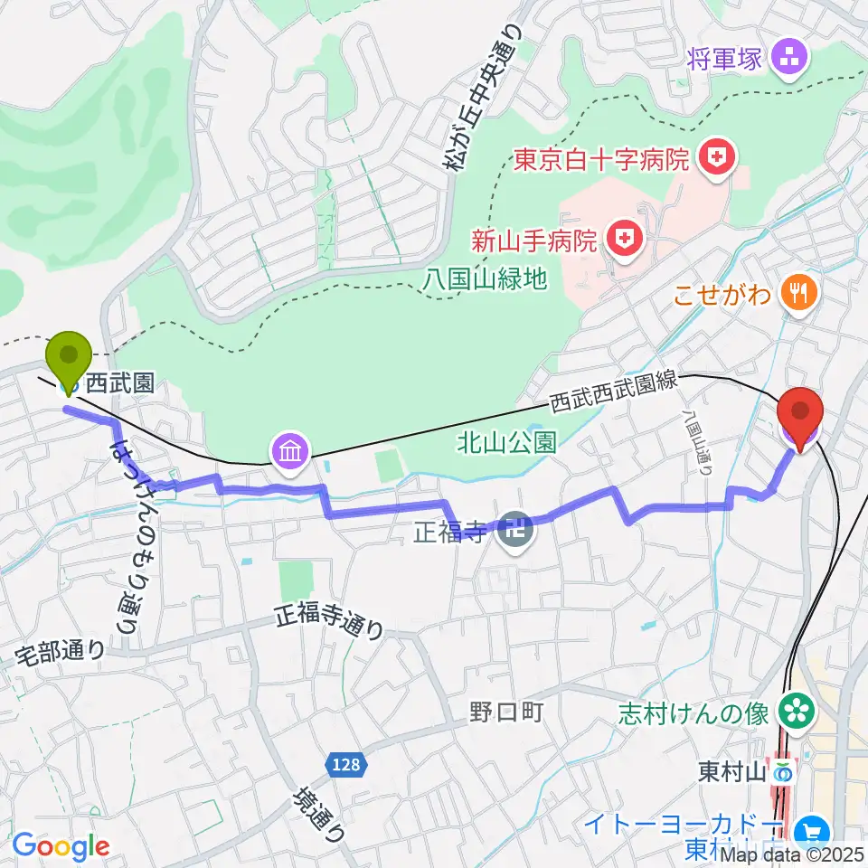 西武園駅から東村山ふるさと歴史館へのルートマップ地図