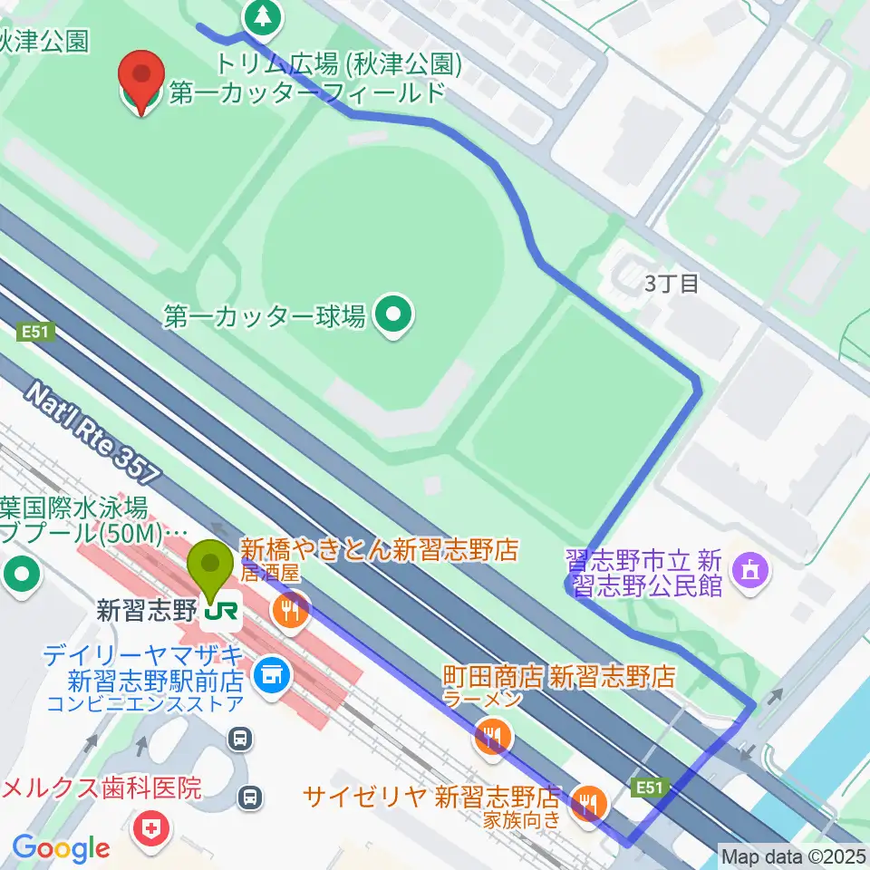 第一カッターフィールドの最寄駅新習志野駅からの徒歩ルート（約4分）地図