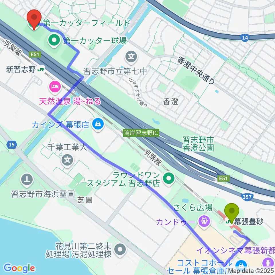 幕張豊砂駅から第一カッターフィールドへのルートマップ地図
