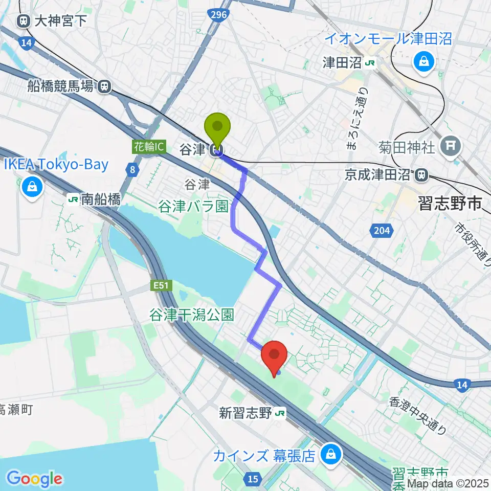 谷津駅から第一カッターフィールドへのルートマップ地図
