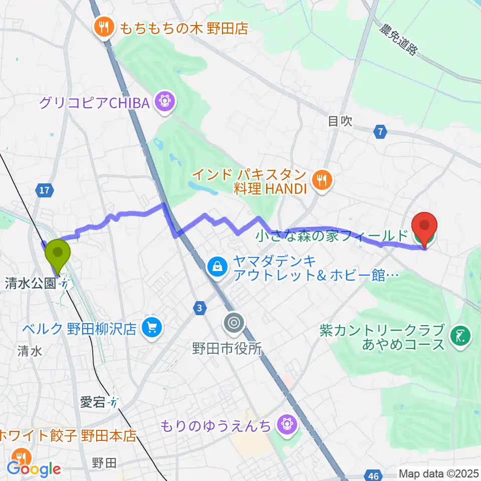 清水公園駅から小さな森の家フィールドへのルートマップ地図