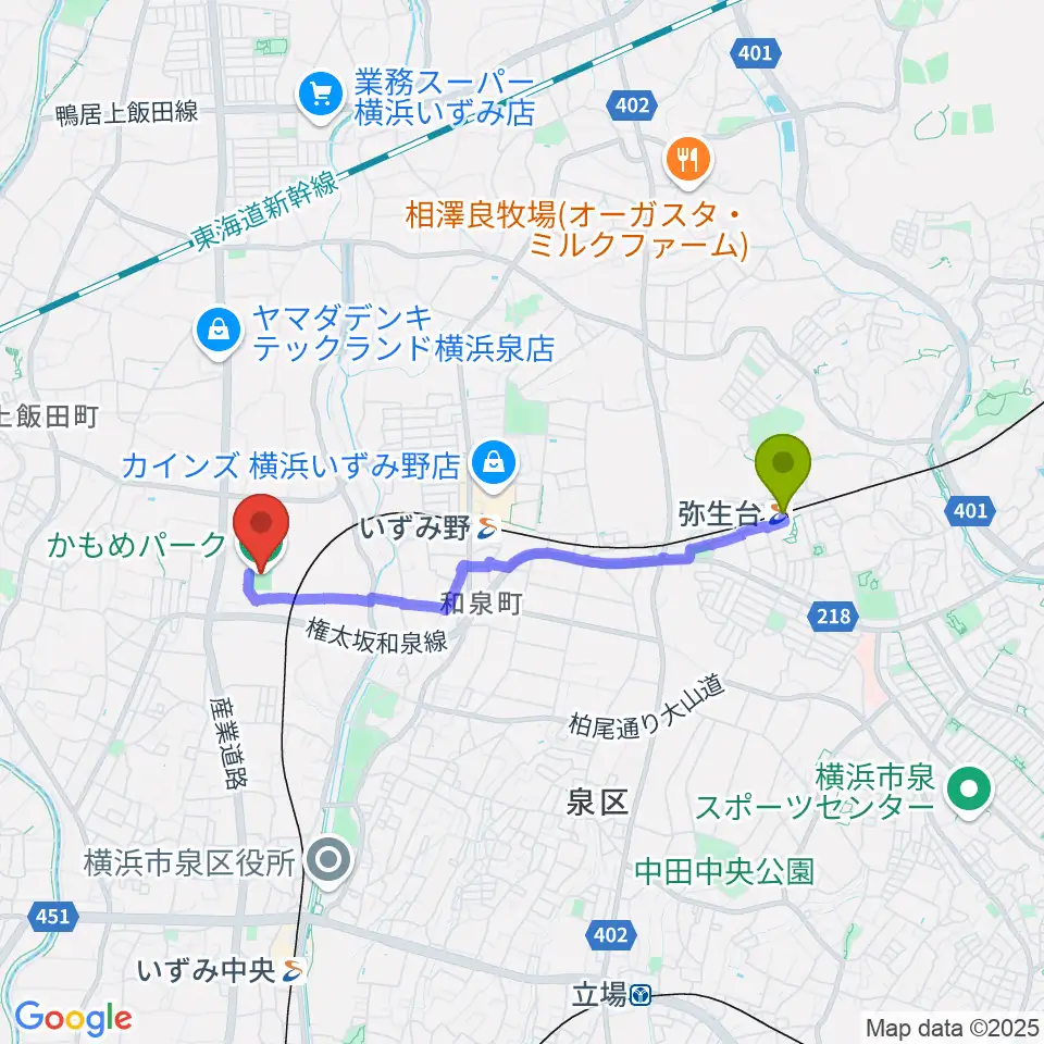 弥生台駅からかもめパークへのルートマップ地図