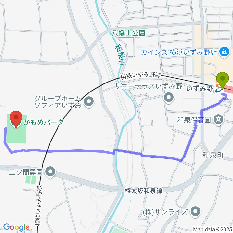 かもめパークの最寄駅いずみ野駅からの徒歩ルート（約14分）地図