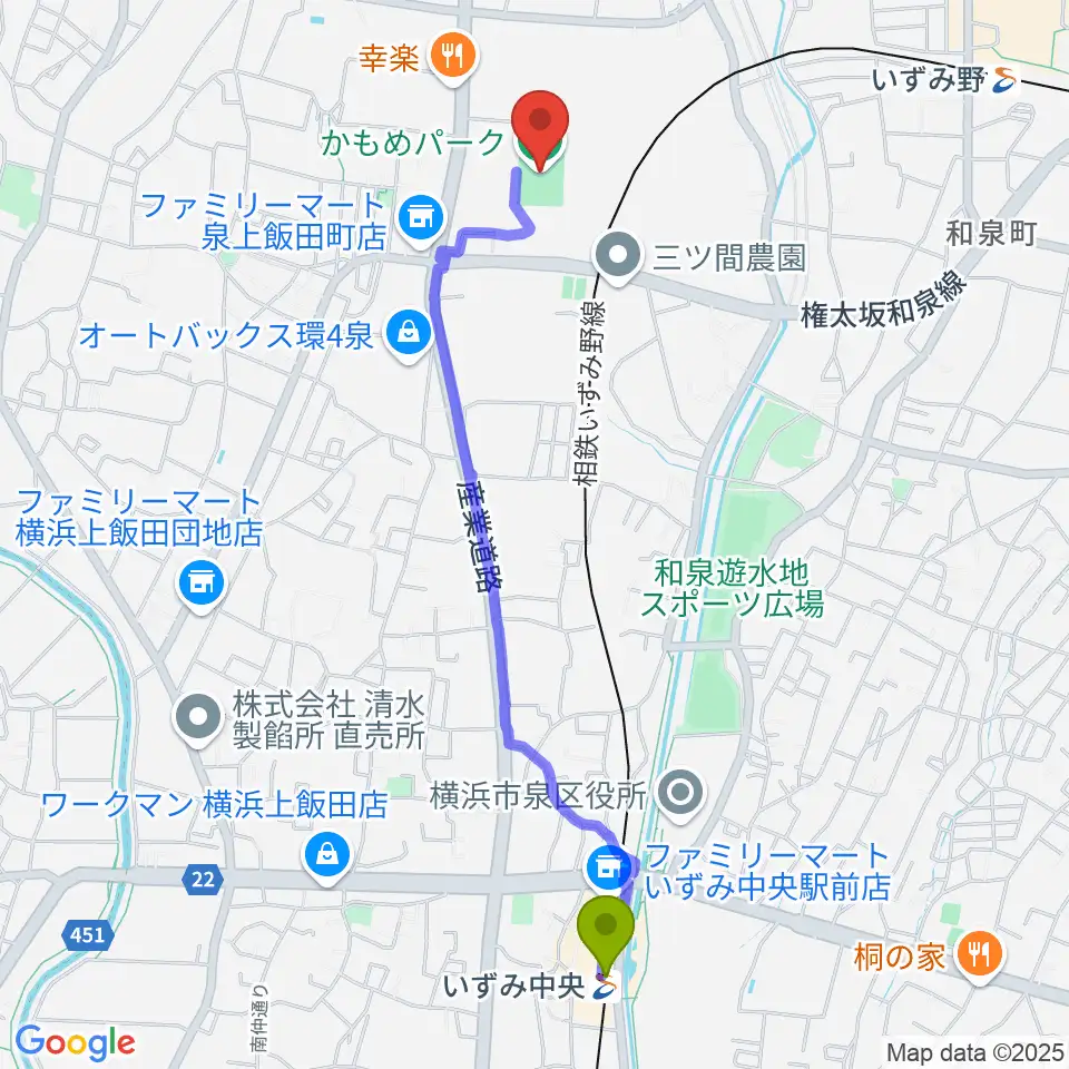 いずみ中央駅からかもめパークへのルートマップ地図