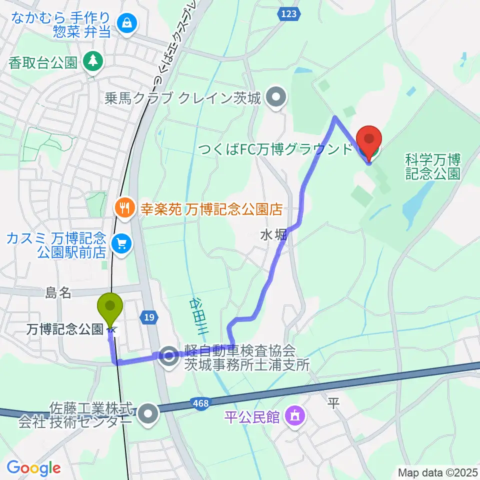 つくばFC万博グラウンドの最寄駅万博記念公園駅からの徒歩ルート（約20分）地図