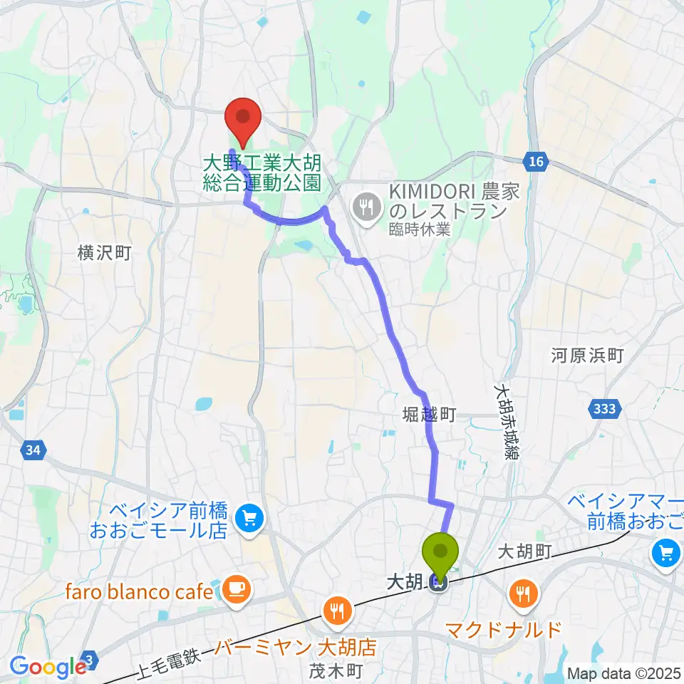 大野工業大胡総合運動公園陸上競技･サッカー場の最寄駅大胡駅からの徒歩ルート（約43分）地図