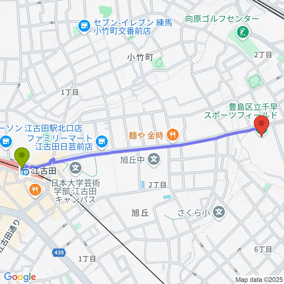 江古田駅から千早スポーツフィールド運動場へのルートマップ地図