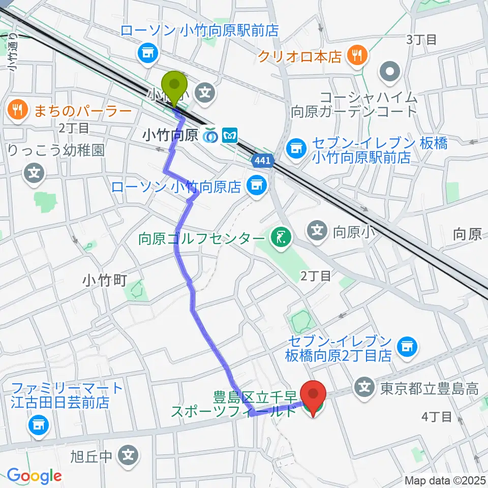 千早スポーツフィールド運動場の最寄駅小竹向原駅からの徒歩ルート（約11分）地図