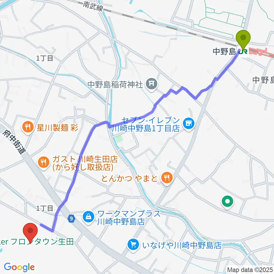 Ankerフィールドの最寄駅中野島駅からの徒歩ルート（約16分）地図