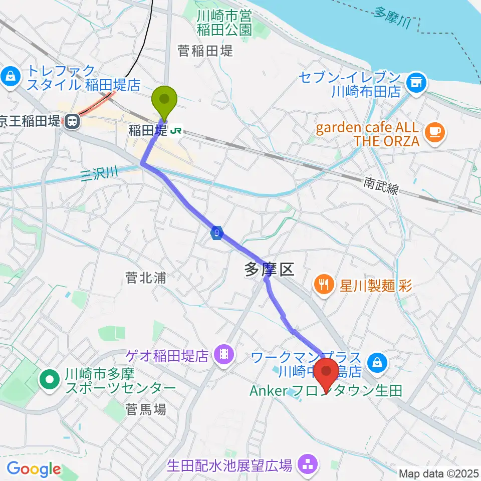 稲田堤駅からAnkerフィールドへのルートマップ地図