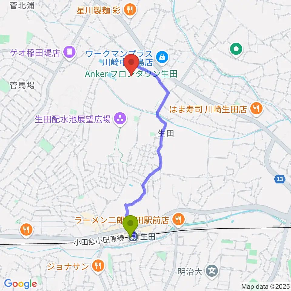生田駅からAnkerフィールドへのルートマップ地図