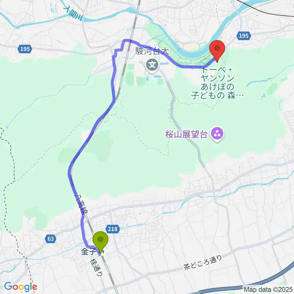 金子駅から飯能市民球場へのルートマップ地図