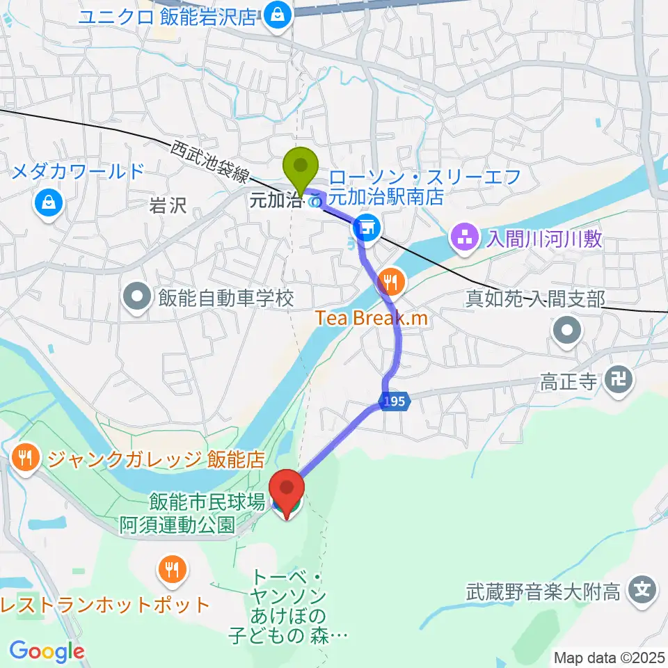 飯能市民球場の最寄駅元加治駅からの徒歩ルート（約15分）地図