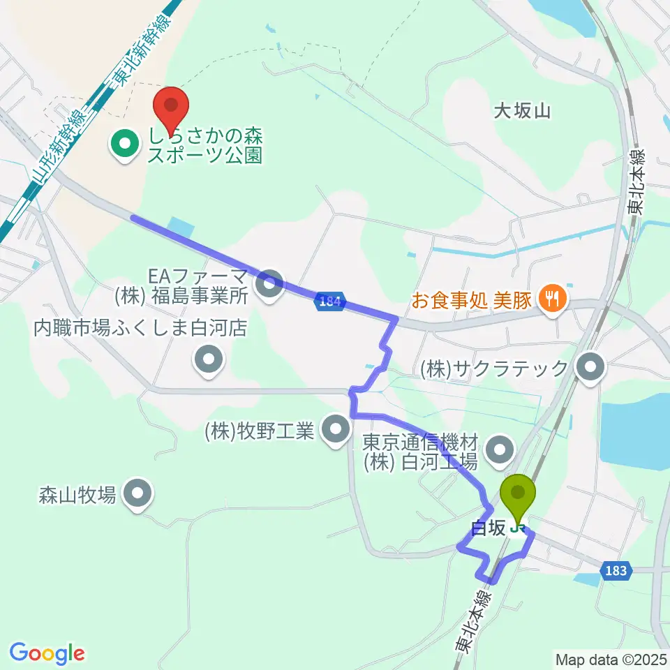 白河グリーンスタジアムの最寄駅白坂駅からの徒歩ルート（約24分）地図