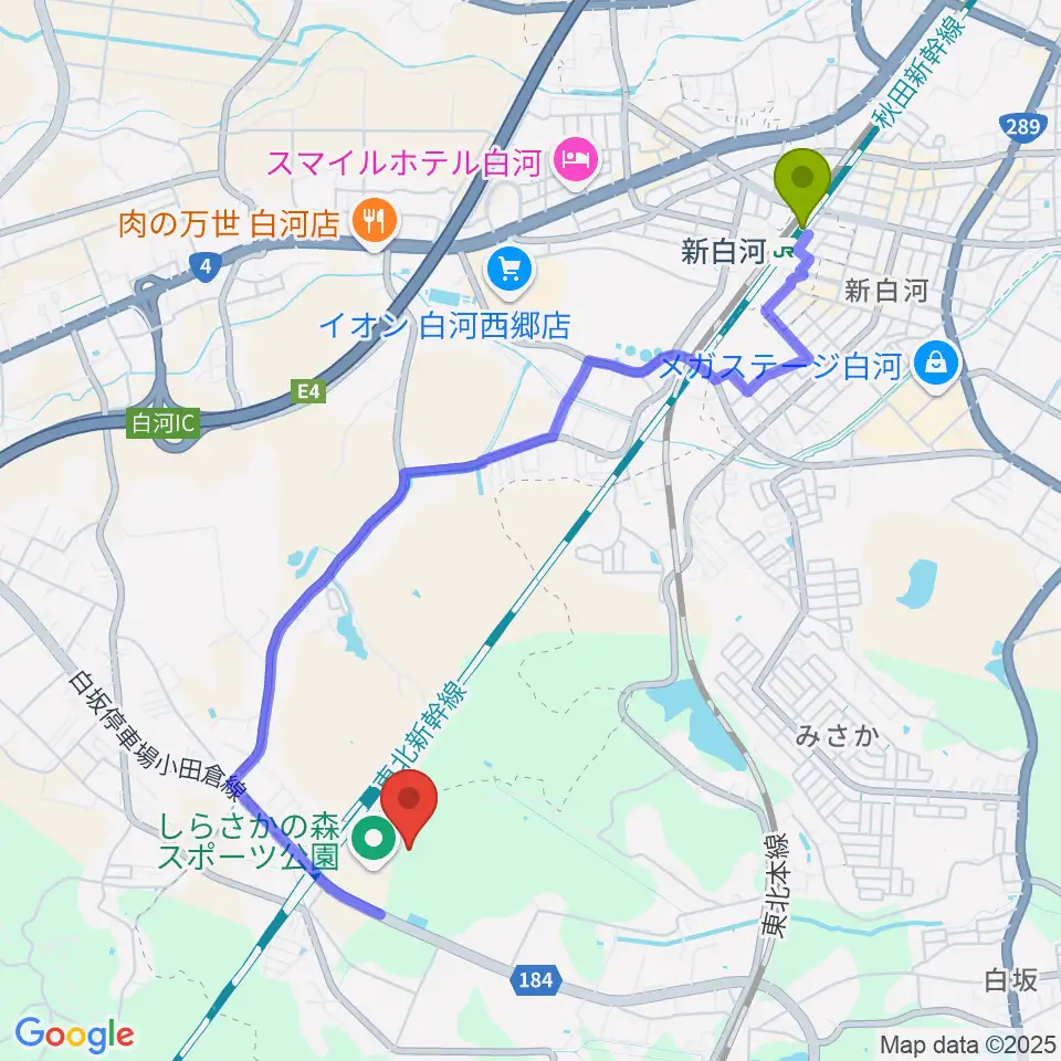 新白河駅から白河グリーンスタジアムへのルートマップ地図