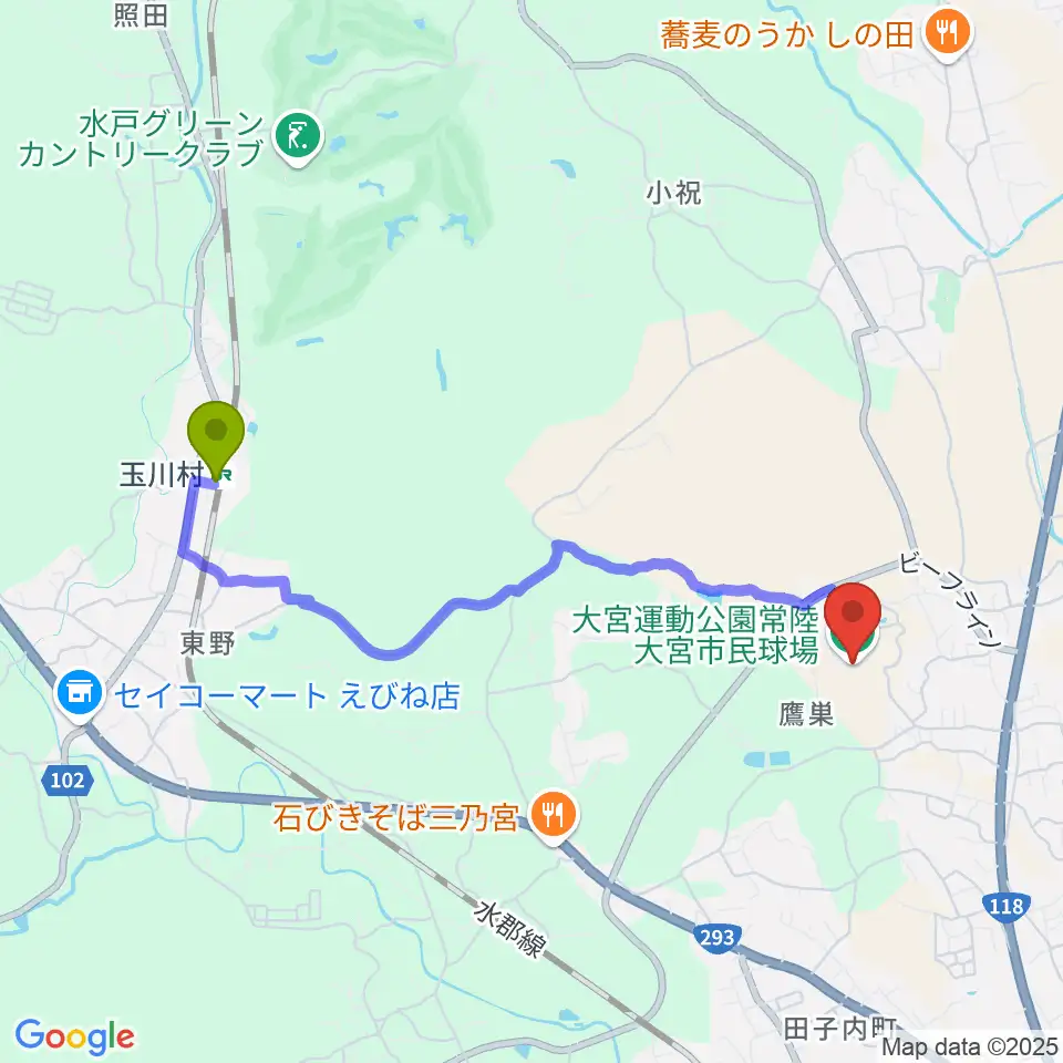 大宮市民球場の最寄駅玉川村駅からの徒歩ルート（約38分）地図