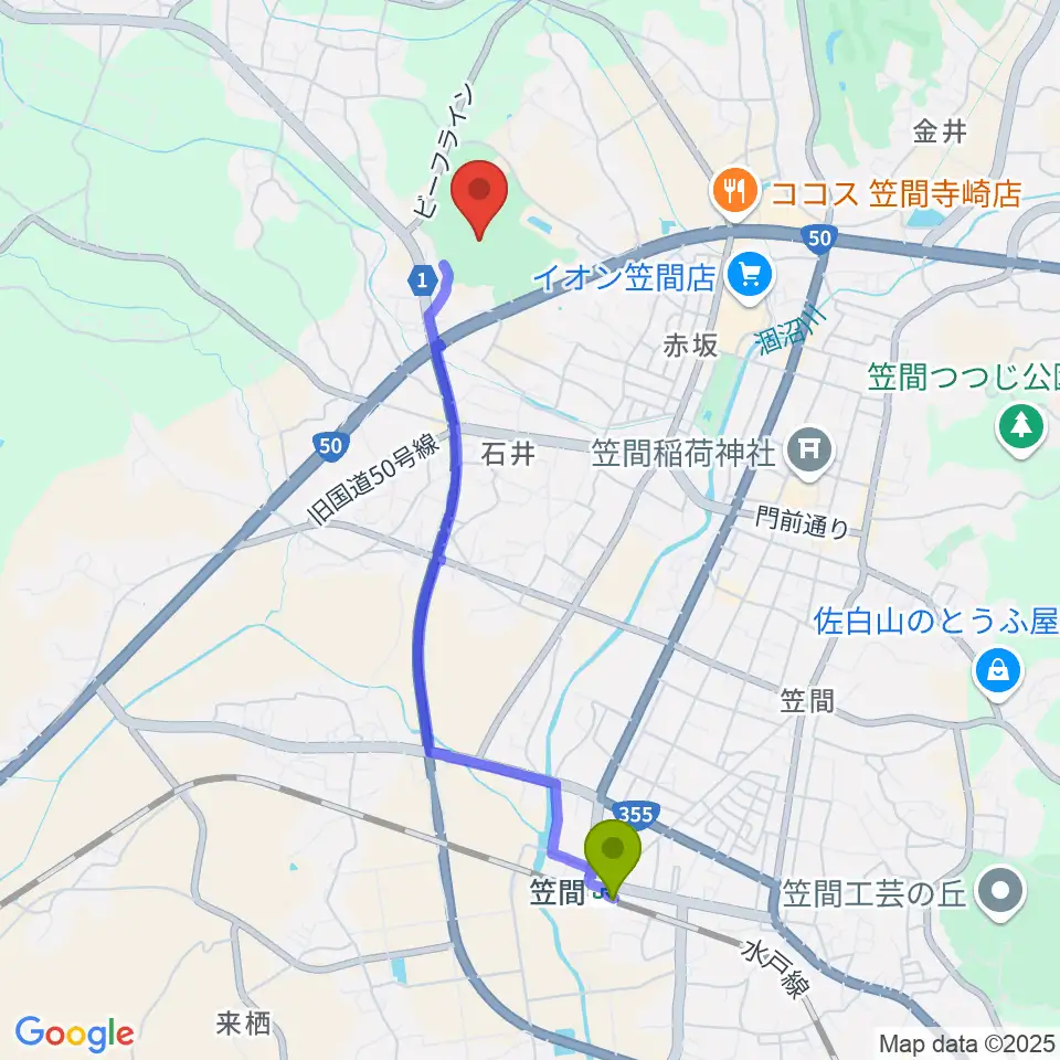 笠間市民球場の最寄駅笠間駅からの徒歩ルート（約39分）地図