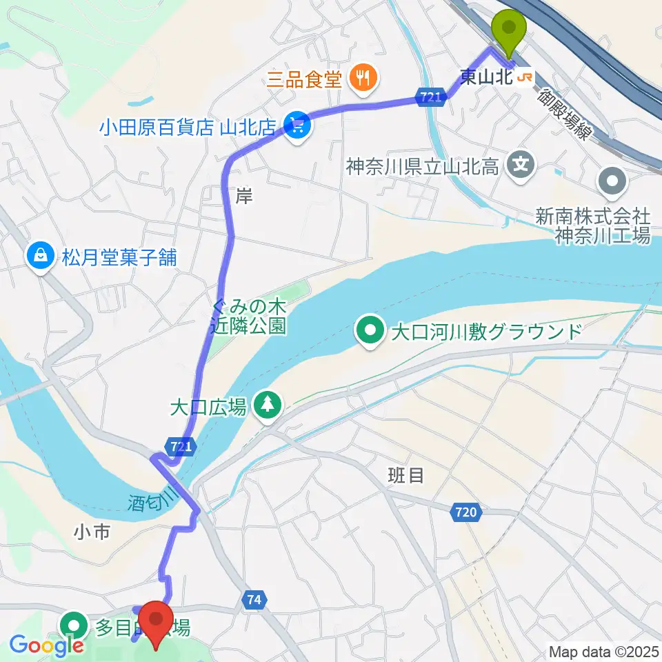 南足柄球場の最寄駅東山北駅からの徒歩ルート（約32分）地図