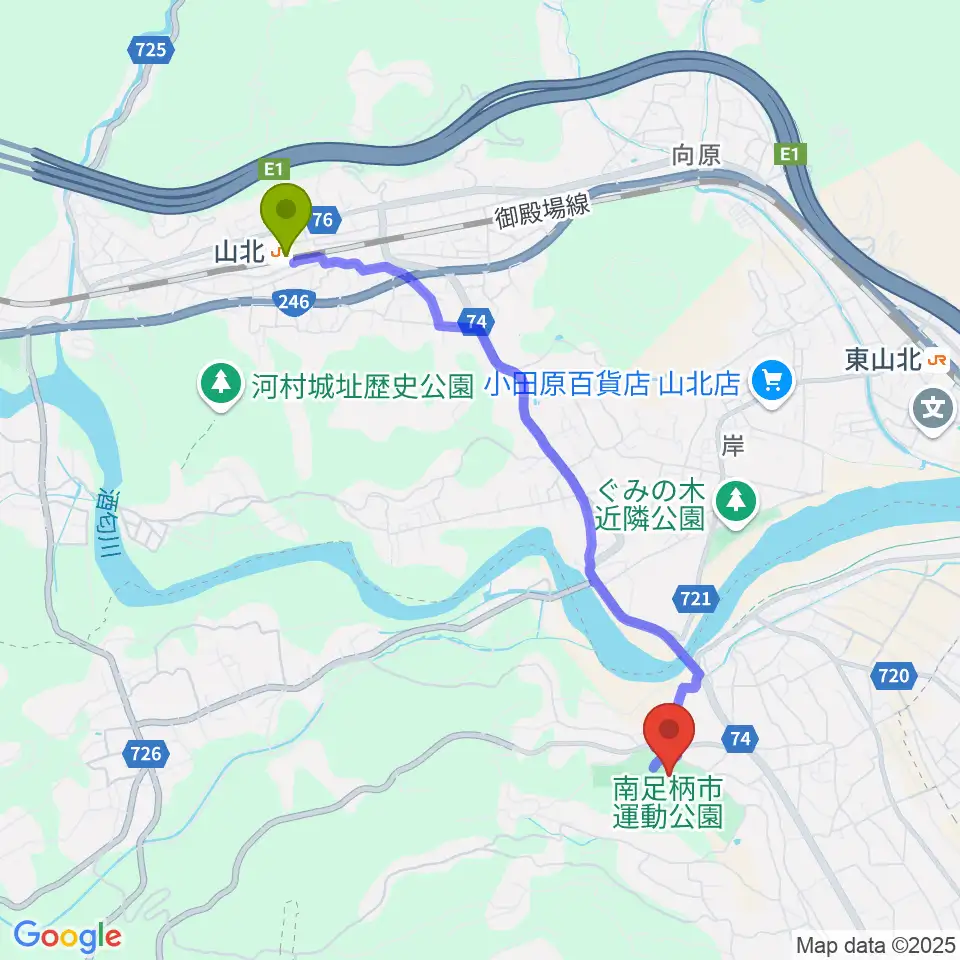 山北駅から南足柄球場へのルートマップ地図