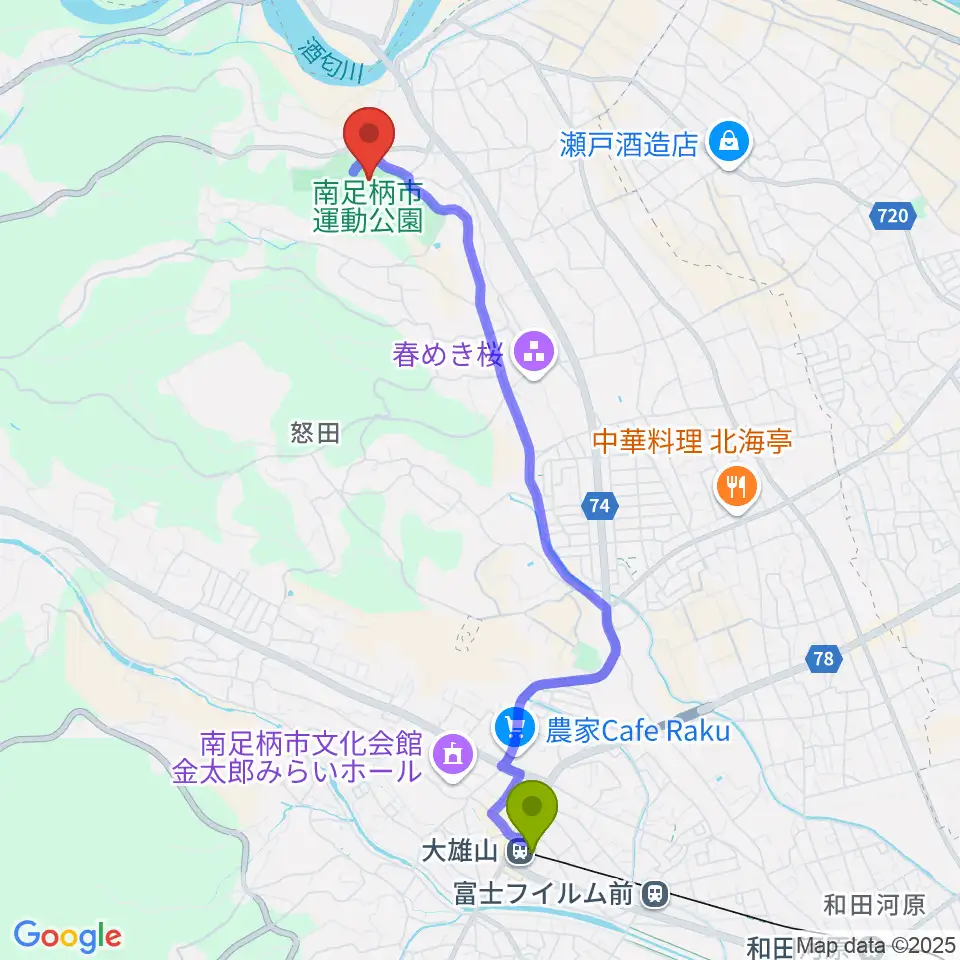 大雄山駅から南足柄球場へのルートマップ地図