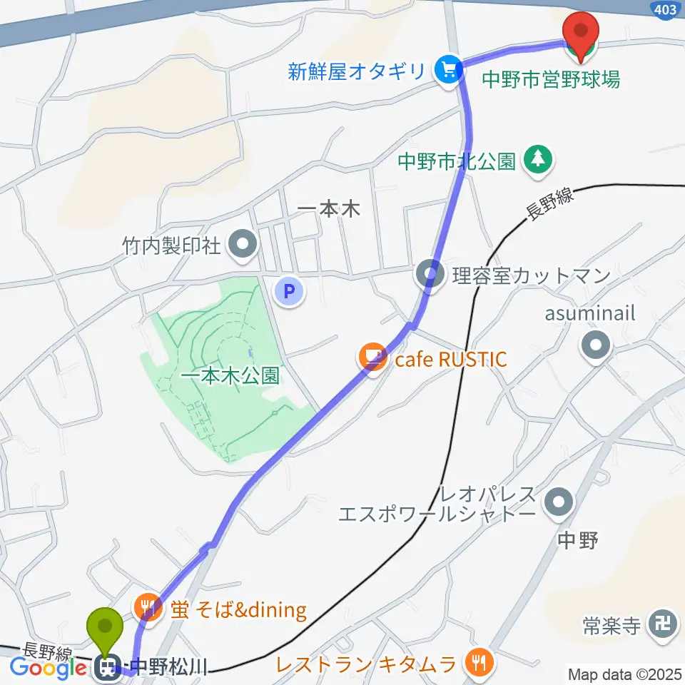 中野市営野球場の最寄駅中野松川駅からの徒歩ルート（約17分）地図