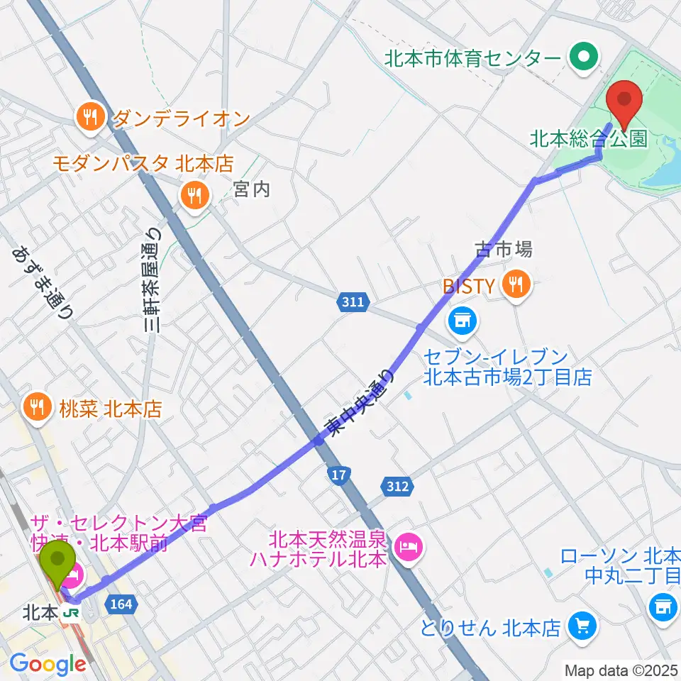 北本総合公園野球場の最寄駅北本駅からの徒歩ルート（約33分）地図
