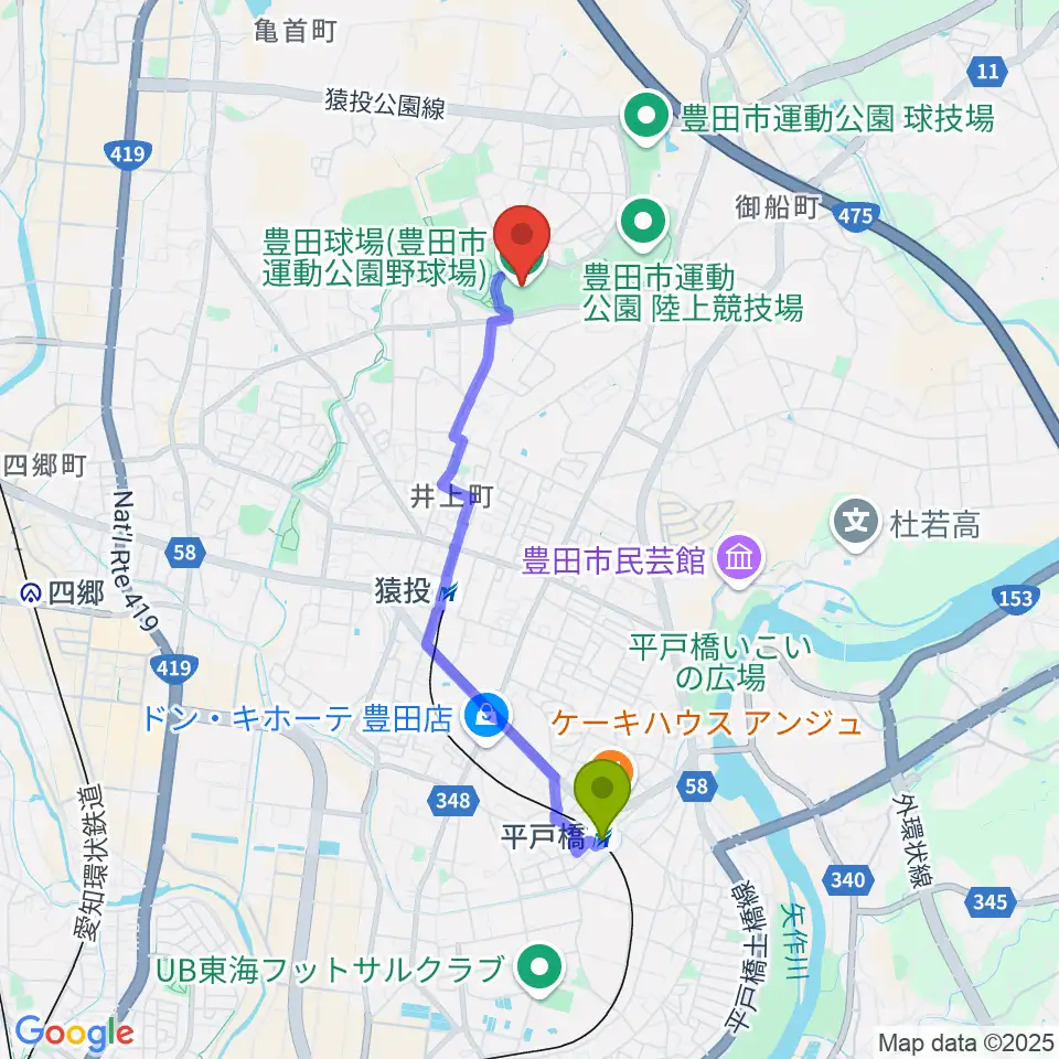 平戸橋駅から豊田市運動公園野球場へのルートマップ地図