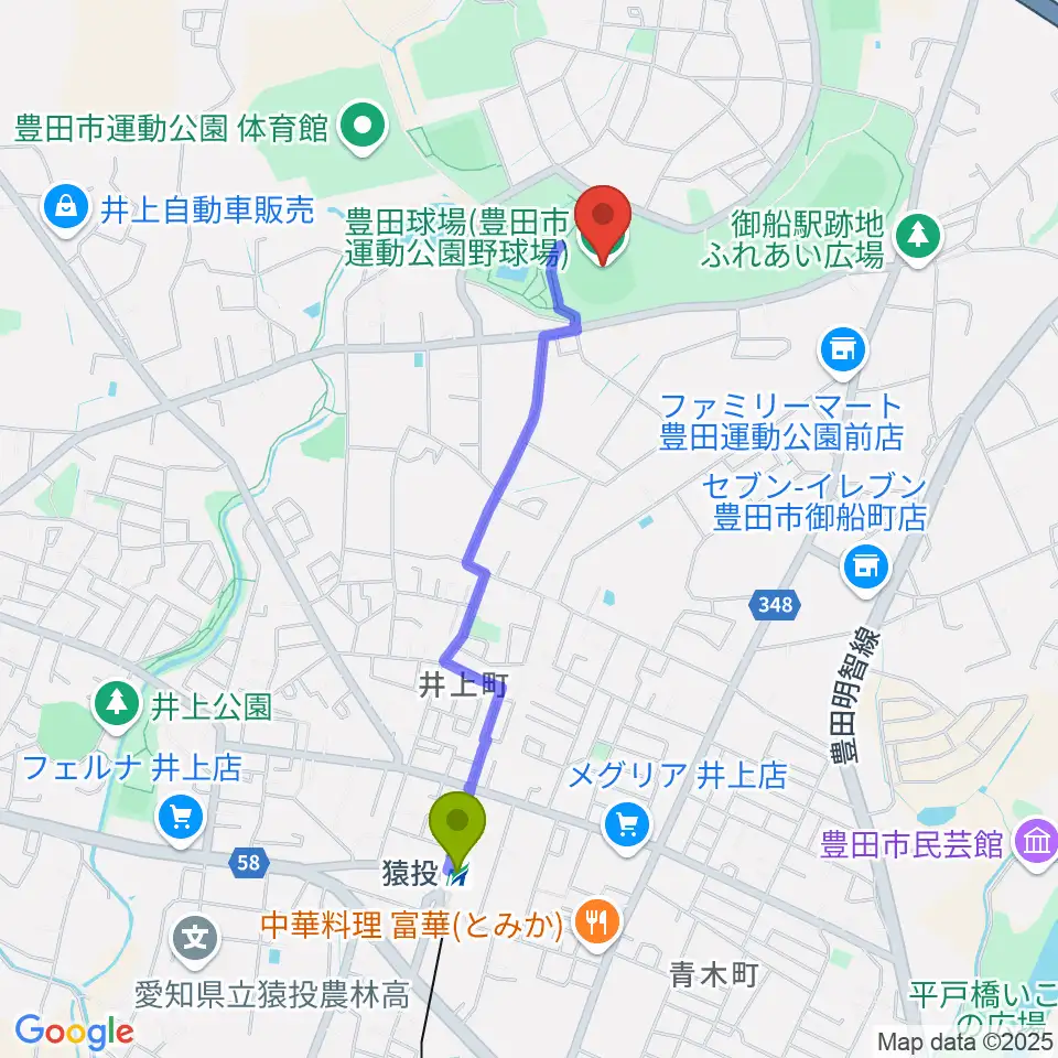 豊田市運動公園野球場の最寄駅猿投駅からの徒歩ルート（約18分）地図