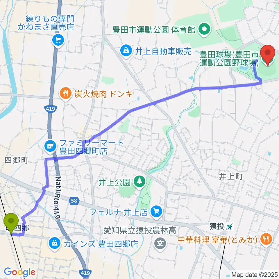 四郷駅から豊田市運動公園野球場へのルートマップ地図