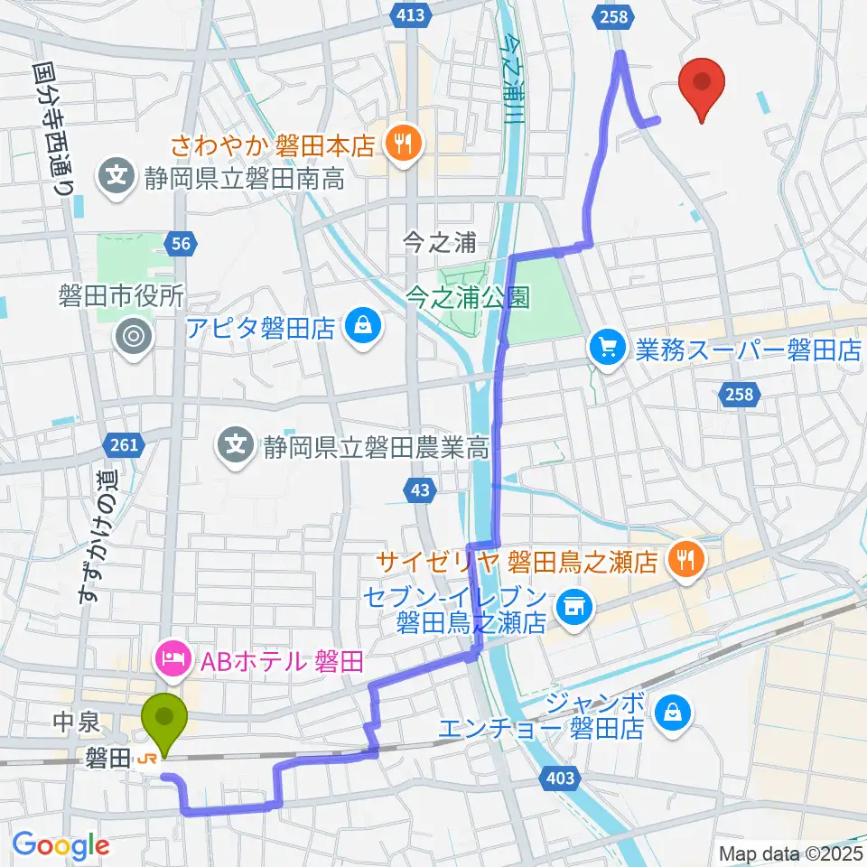 磐田城山球場の最寄駅磐田駅からの徒歩ルート（約30分）地図