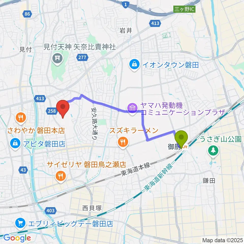 御厨駅から磐田城山球場へのルートマップ地図