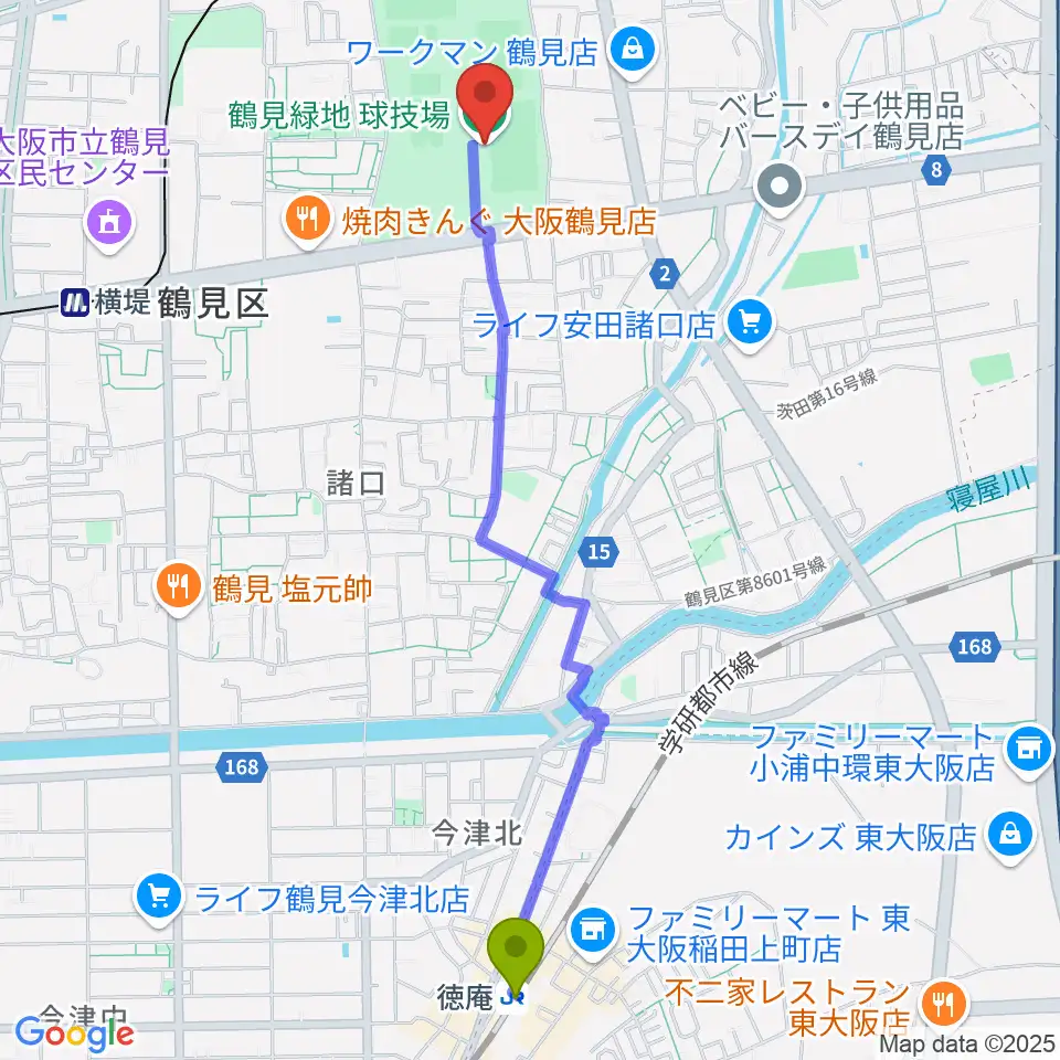 徳庵駅から鶴見緑地球技場へのルートマップ地図