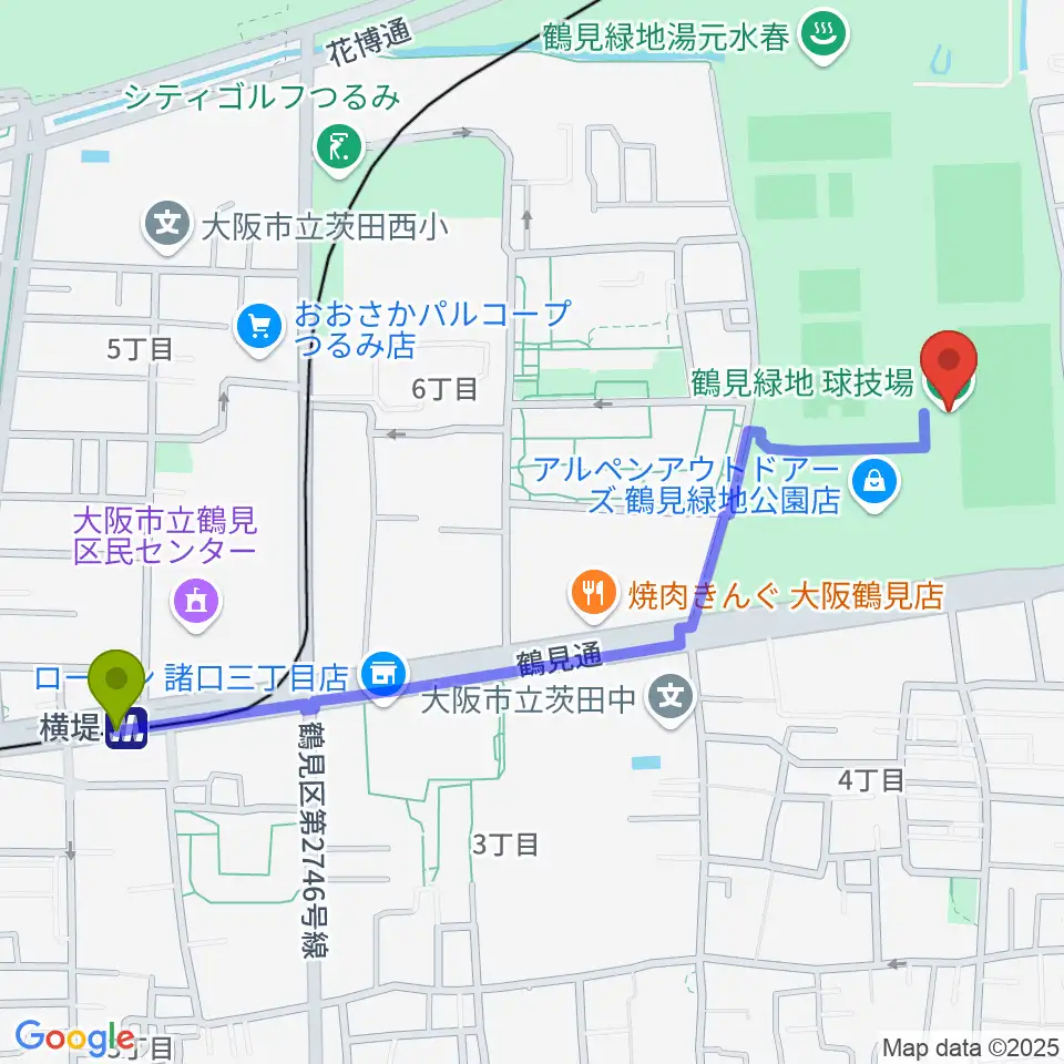 横堤駅から鶴見緑地球技場へのルートマップ地図